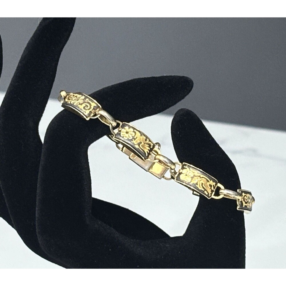 Vintage Toledo Spain Damascene Bracelet Gold Tone Bird Flower Inlay 6.25"
